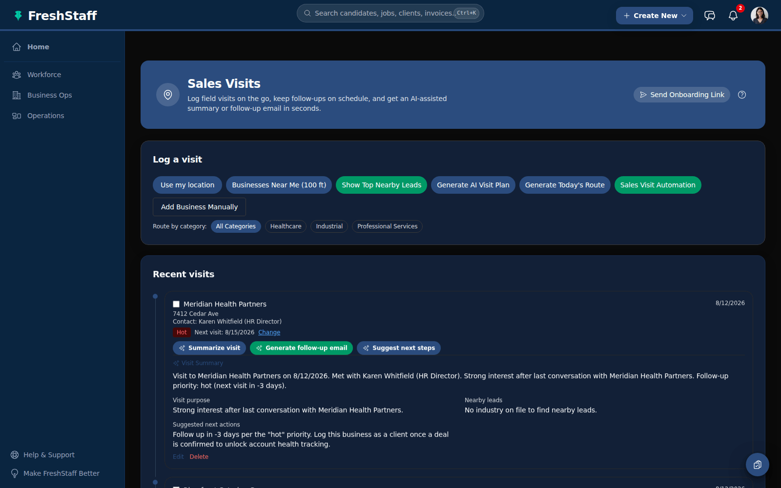 FreshStaff AI Visit Planning: the Sales Visits page showing Show Top Nearby Leads and Generate AI Visit Plan actions.