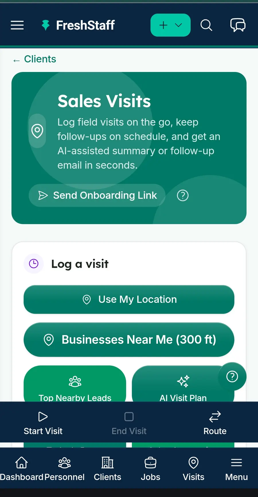 FreshStaff mobile app: Sales Visits screen for logging a field visit and finding nearby leads