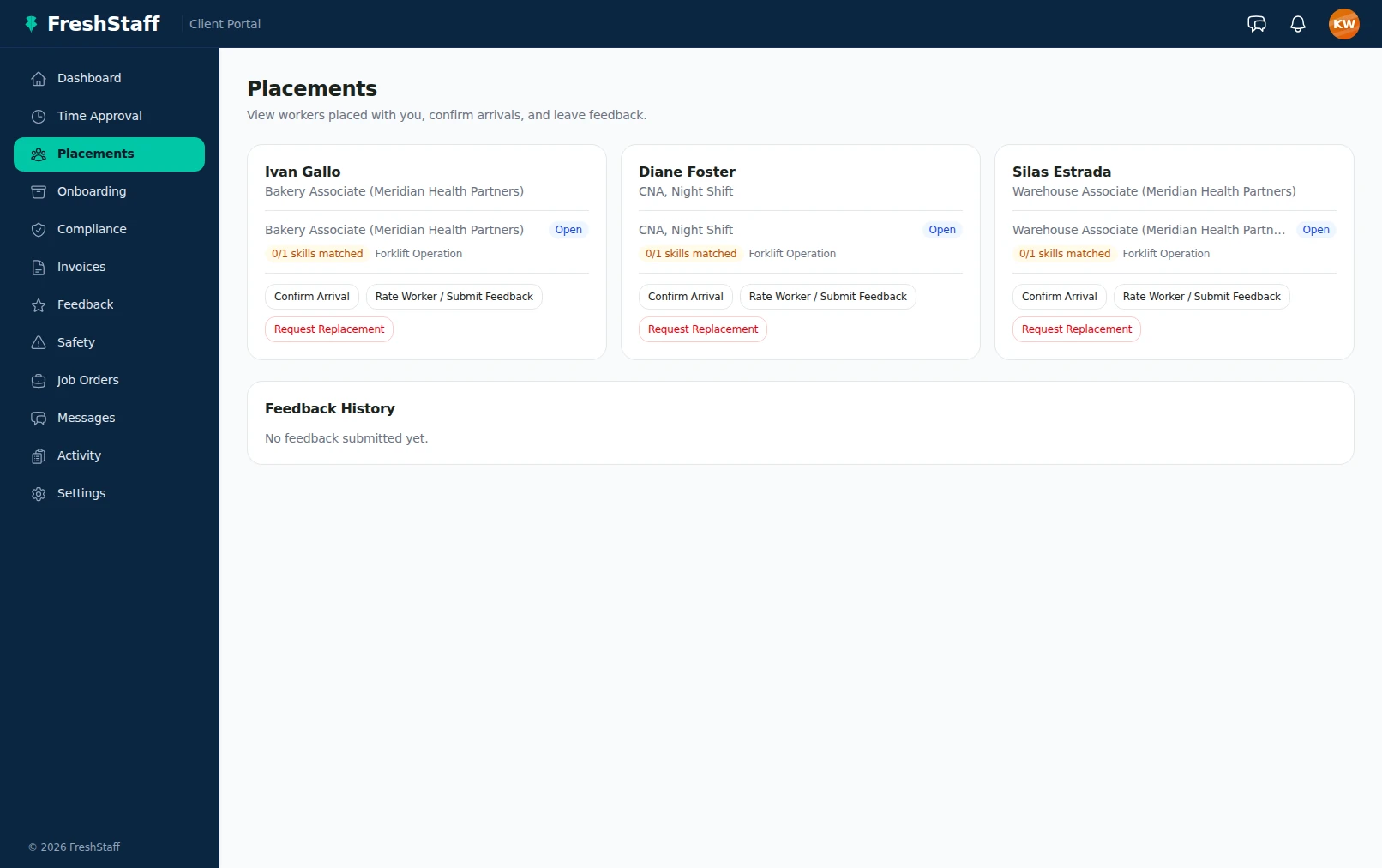 FreshStaff Client Portal: a client's own view of their active placements, ready for feedback and replacement requests