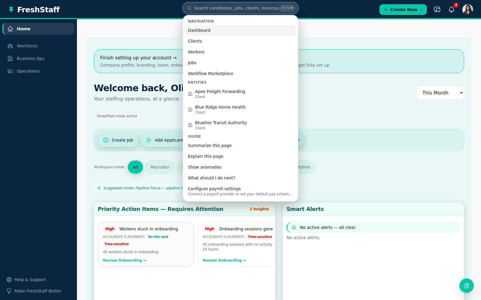FreshStaff Smart Command Bar: the ⌘K overlay showing navigation, entities, and Copilot guide prompts.