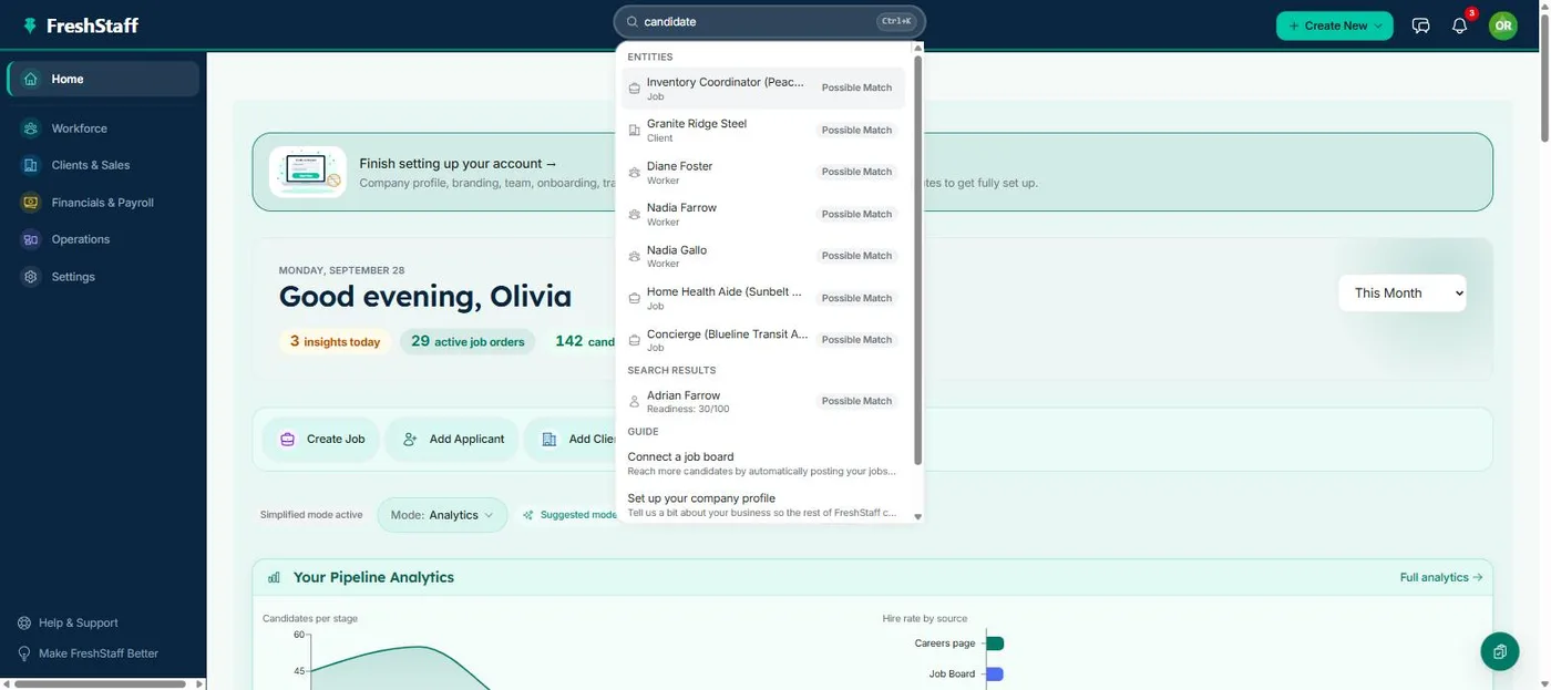 FreshStaff Smart Command Bar: the ⌘K overlay showing navigation, entities, and Copilot guide prompts.