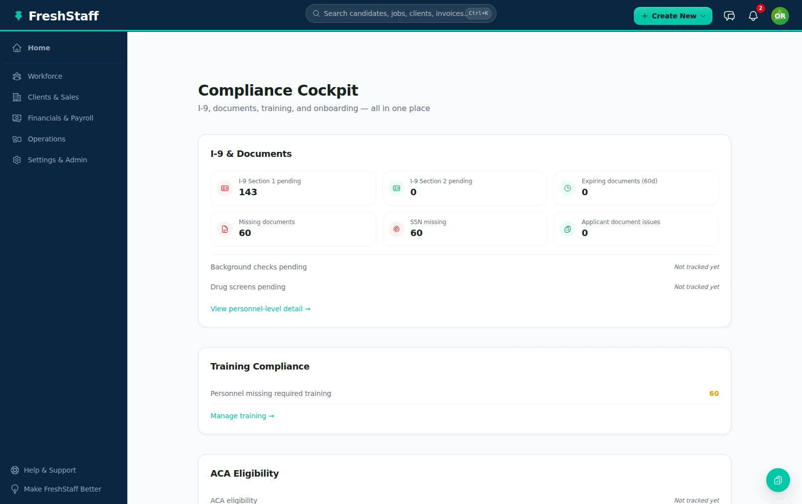 FreshStaff compliance: Compliance Cockpit dashboard showing I-9, document, and training compliance status company-wide.