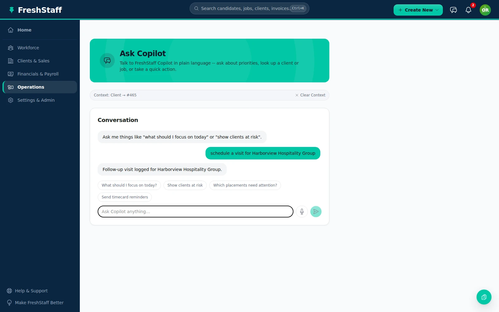 FreshStaff Copilot memory: context indicator interface showing the last referenced client, job, worker, or placement.