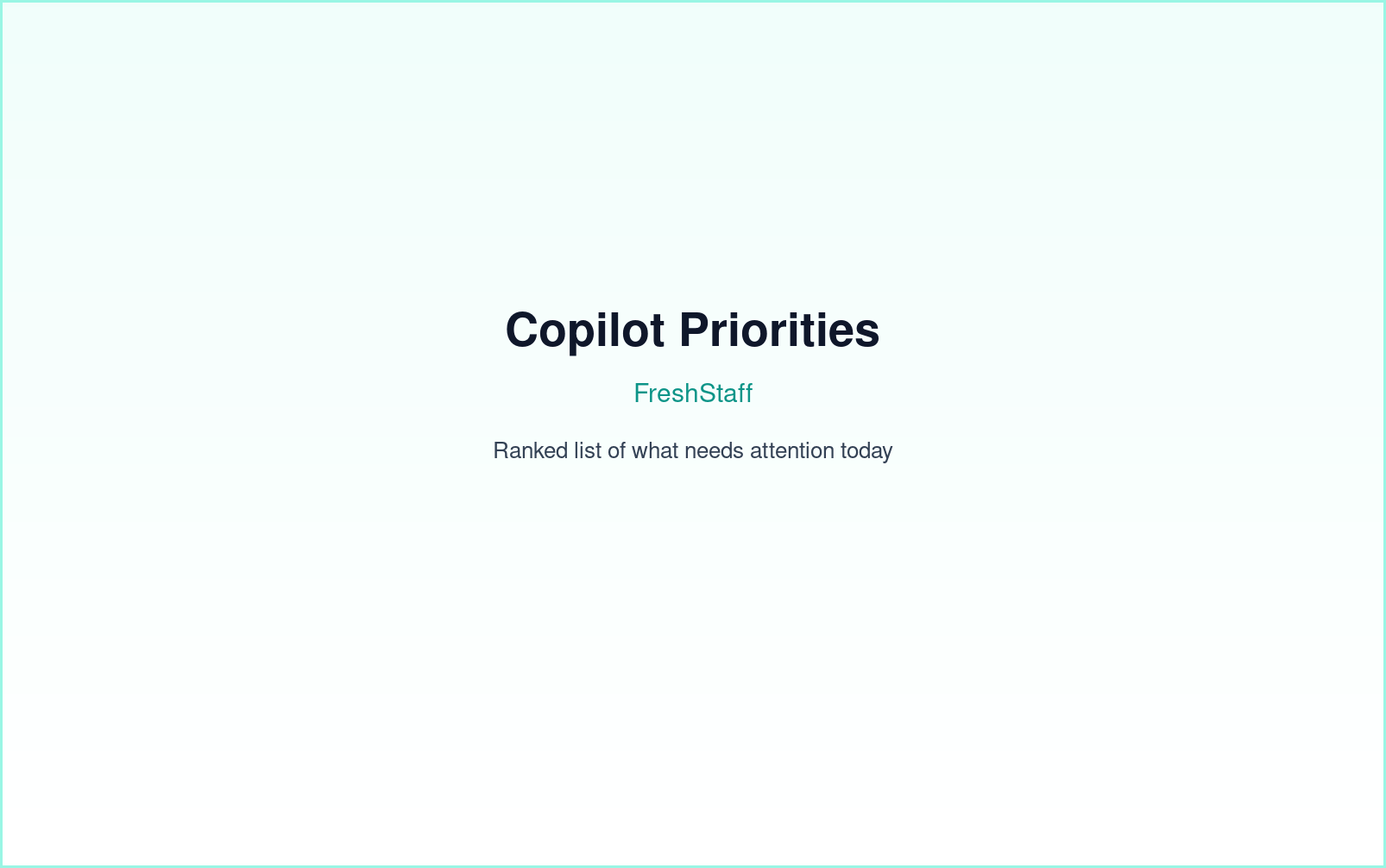FreshStaff Copilot priorities: priority list interface showing a ranked daily list of clients, jobs, and placements needing attention.