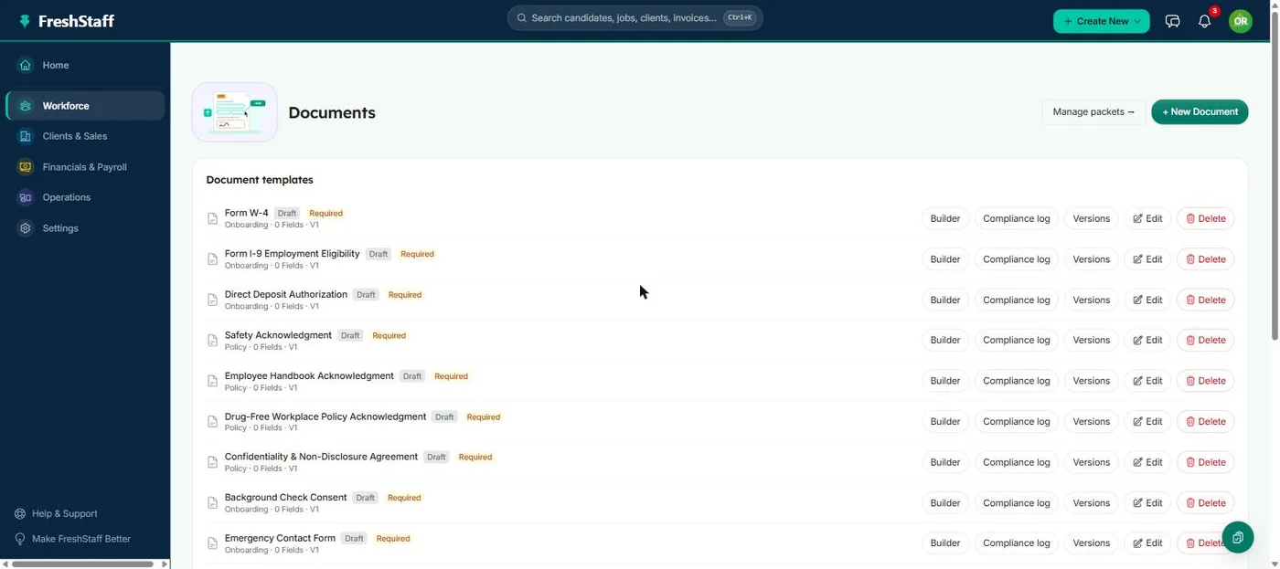 FreshStaff Document Builder: the Documents page showing document templates.