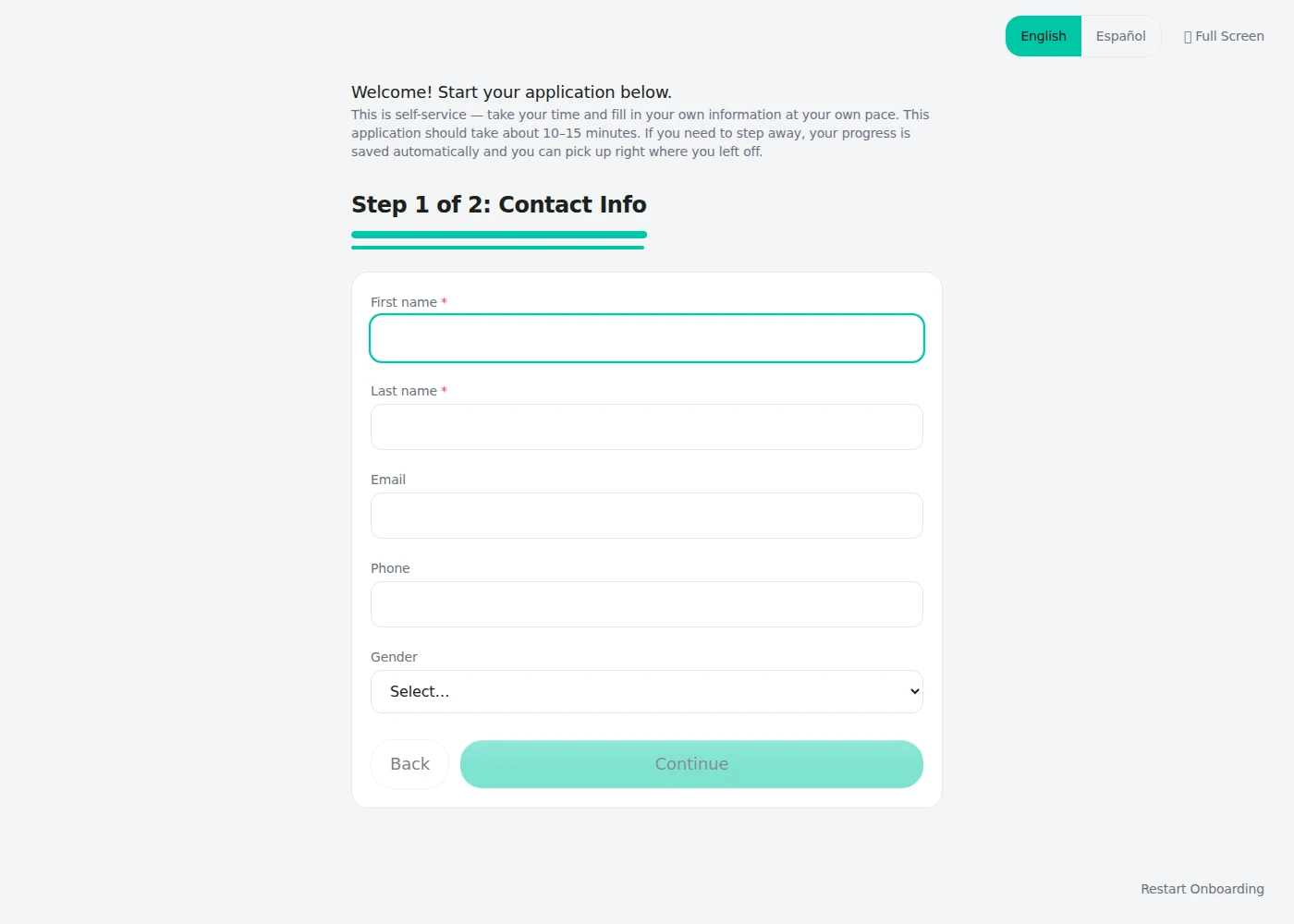 FreshStaff kiosk: applicant intake interface showing a walk-in registration screen.