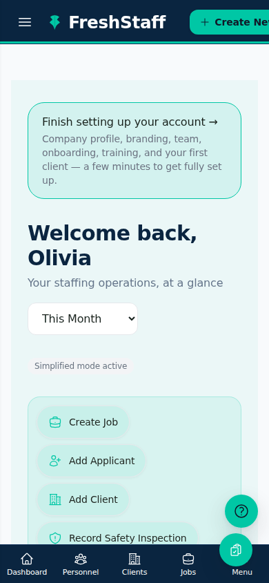 FreshStaff on mobile: the dashboard's quick actions and navigation on a phone-sized screen.