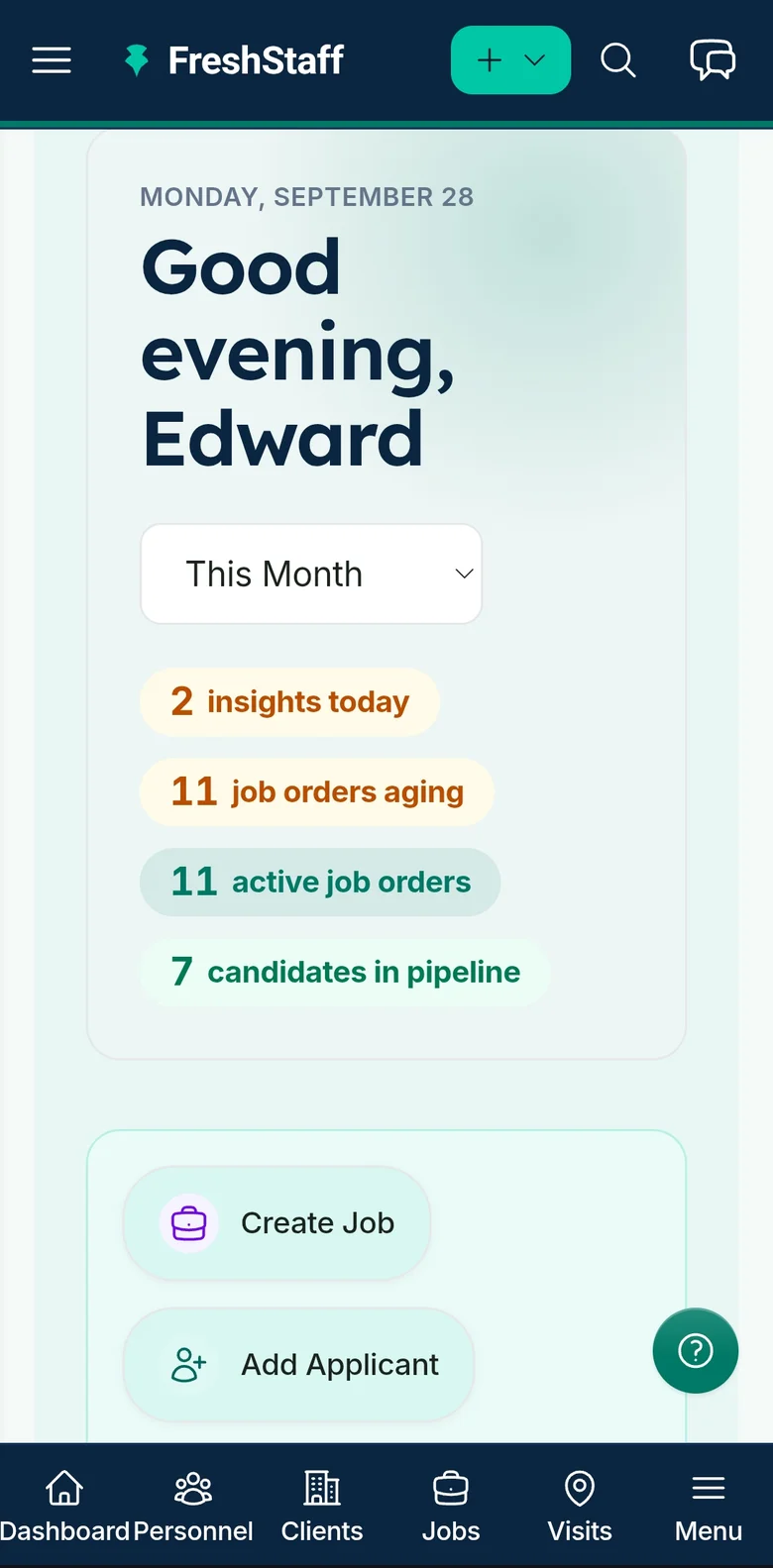 FreshStaff on mobile: the dashboard's quick actions and navigation on a phone-sized screen.