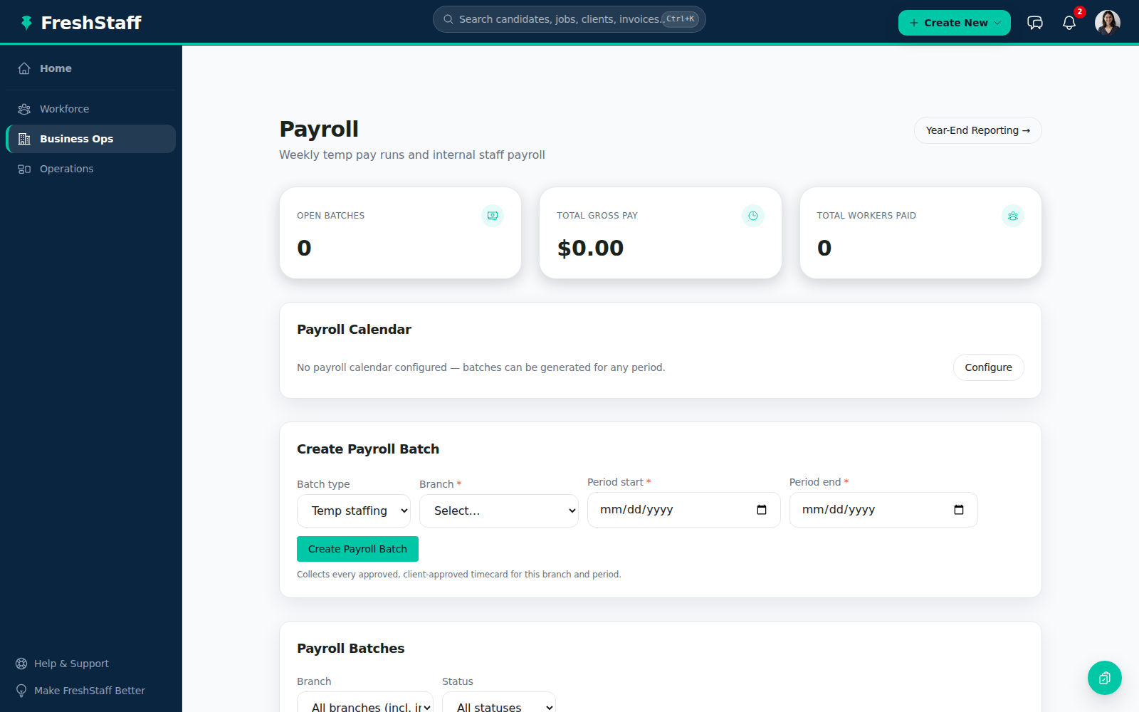 FreshStaff Payroll: the overview screen showing open batches and the payroll calendar.
