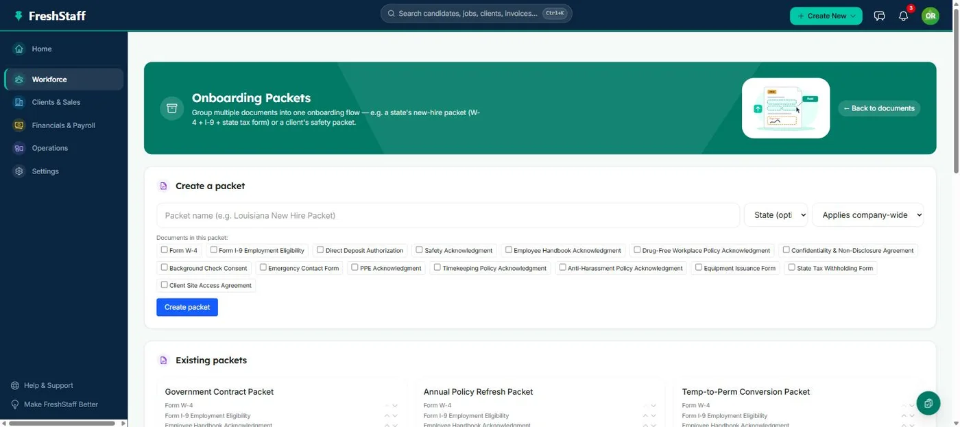 FreshStaff Packet Builder: the Onboarding Packets page showing packet creation and existing packets.