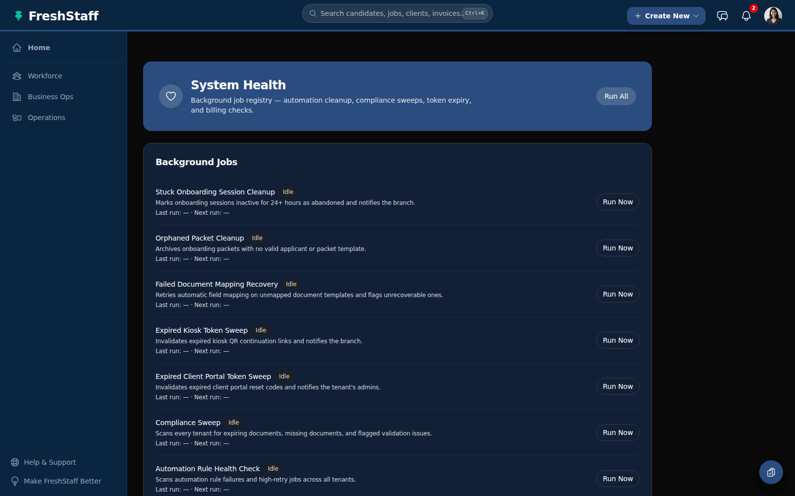 FreshStaff System Health: the background job registry.