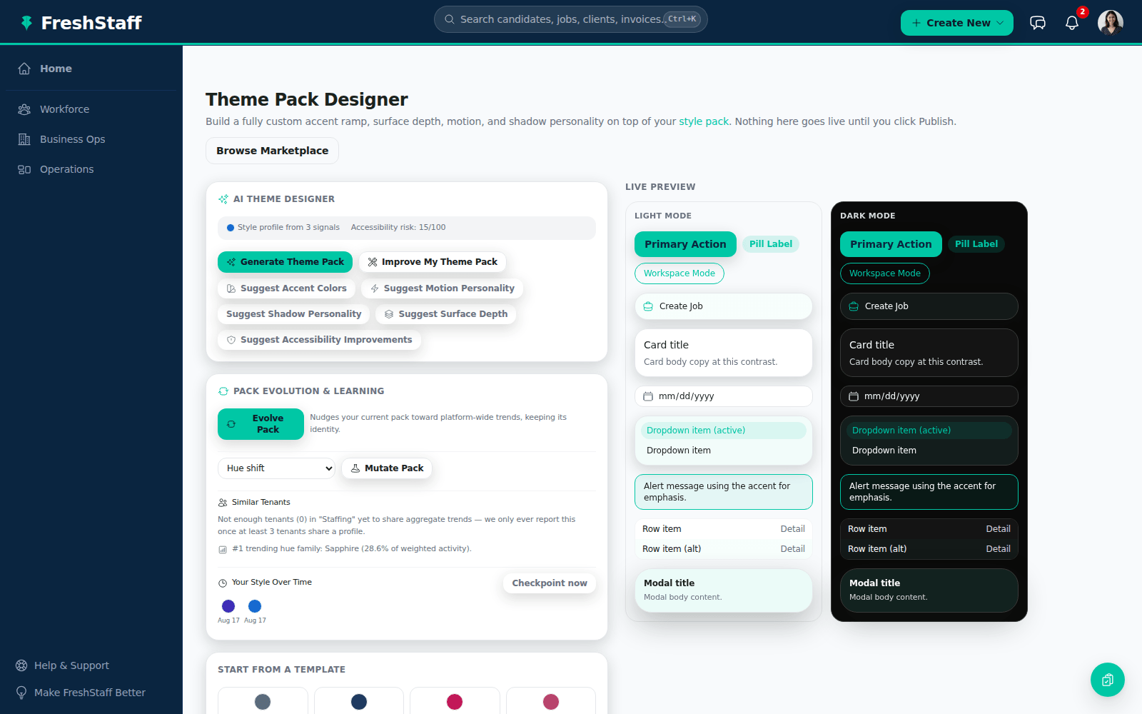 FreshStaff AI Theme Designer: live light/dark preview beside the generator panel.