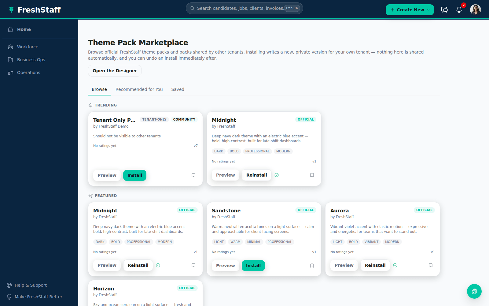 FreshStaff Theme Pack Marketplace: trending and official packs with ratings.