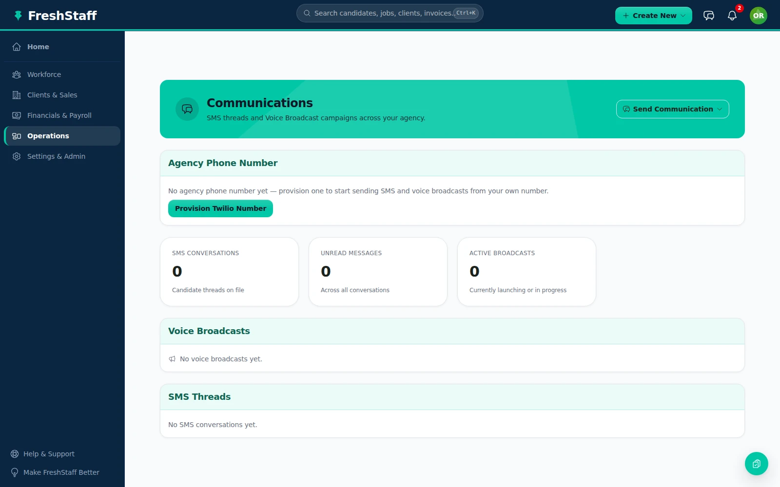 FreshStaff Voice Broadcast dashboard tracking candidate keypress responses to a call blast