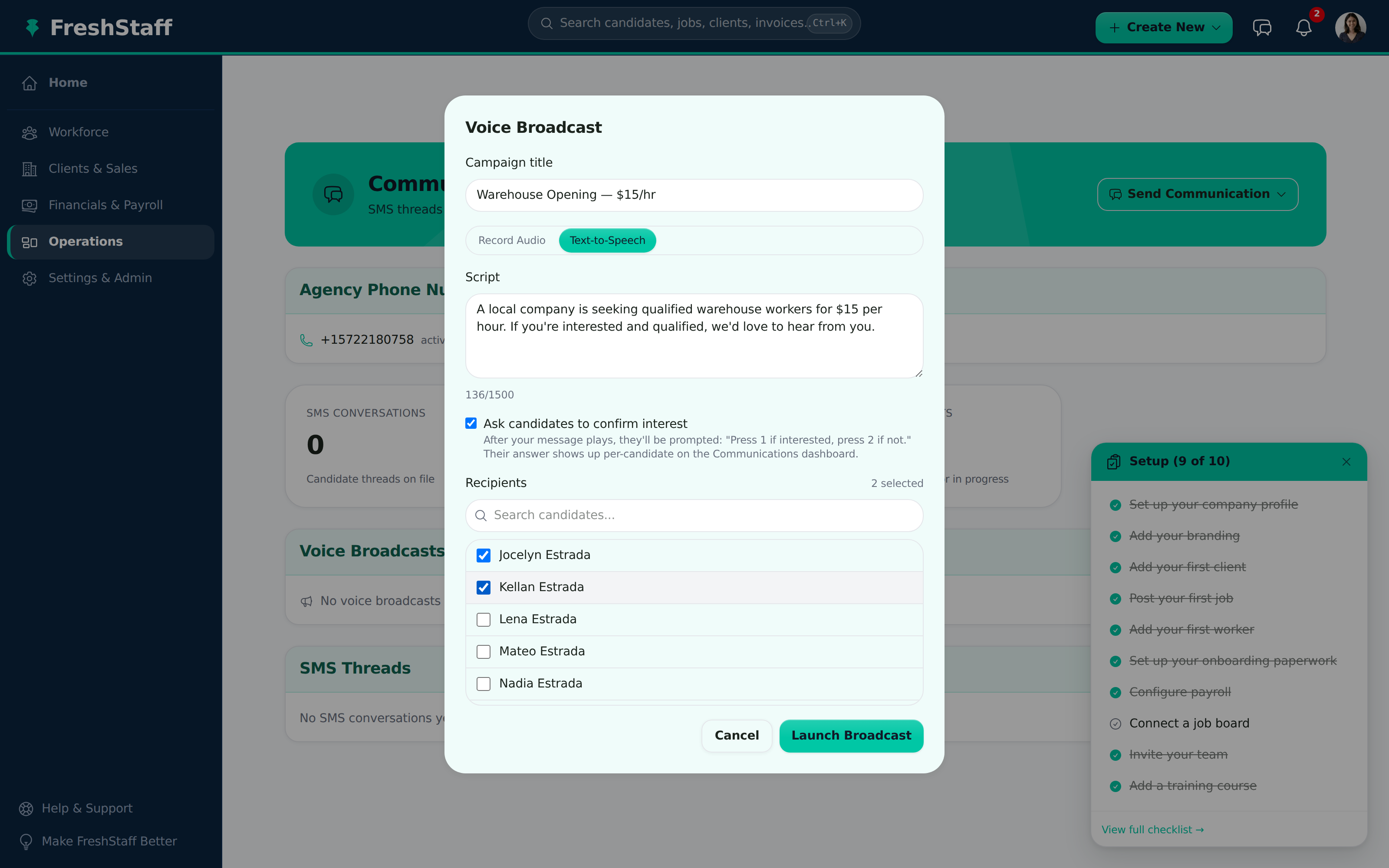 FreshStaff Voice Broadcast: campaign composer showing a text-to-speech script, the Ask candidates to confirm interest option turned on, and a recipient list.