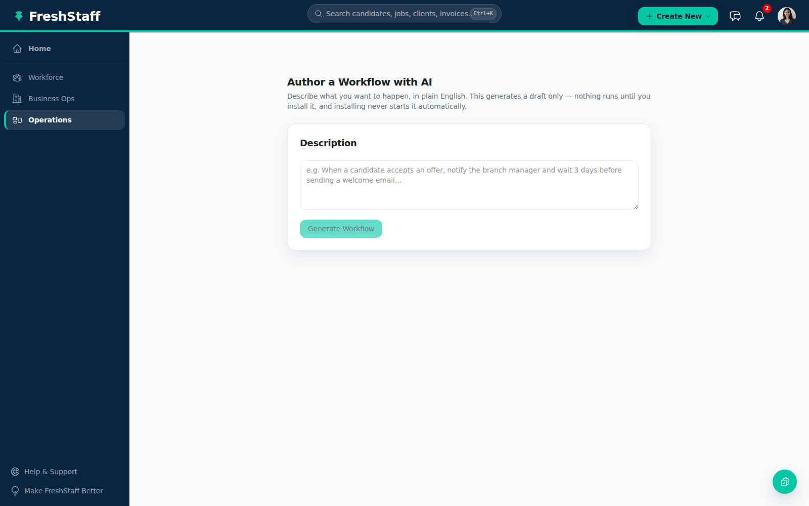 FreshStaff Copilot Workflow Builder: describing a workflow in plain language.
